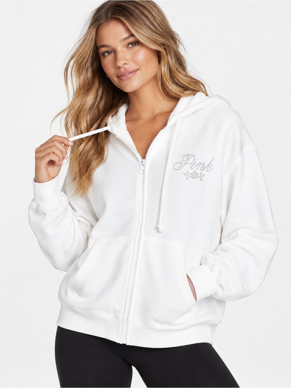 Victoria’s Secret PINK White Rhinestone Logo Full Zip Hoodie Sweatshirt M NWT
